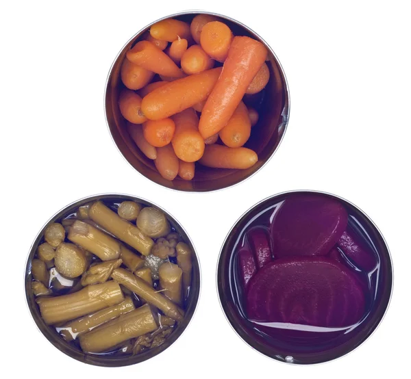 Variedad de verduras enlatadas en latas —  Fotos de Stock