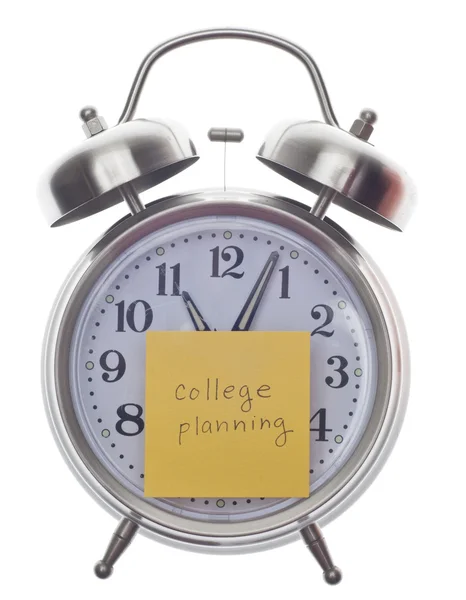 College Planning Time Concept Note Alarm Clock Isolated White — Stock Photo, Image