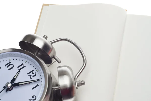Conceito Educação Tempo Com Relógio Alarme Livro Aberto — Fotografia de Stock