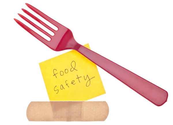 Fork Com Bandage Food Safety Concept Isolado Branco Com Caminho — Fotografia de Stock