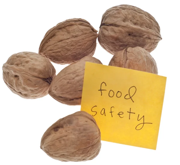 Food Safety Reminder Fresh Walnuts Isolated White Clipping Path — Stock Photo, Image