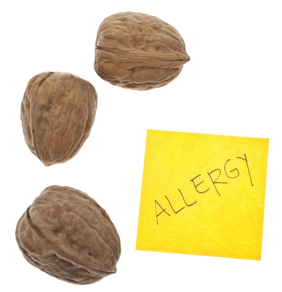 Advertencia Alergia Las Nueces Con Nueces Frescas Nota Alergia Aislada —  Fotos de Stock