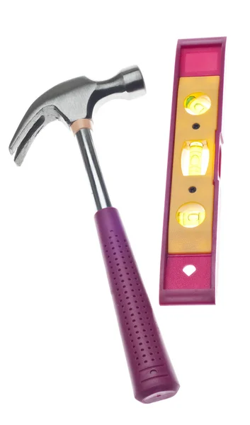 Pink Level Hammer Isolated White Clipping Path — Stock Photo, Image