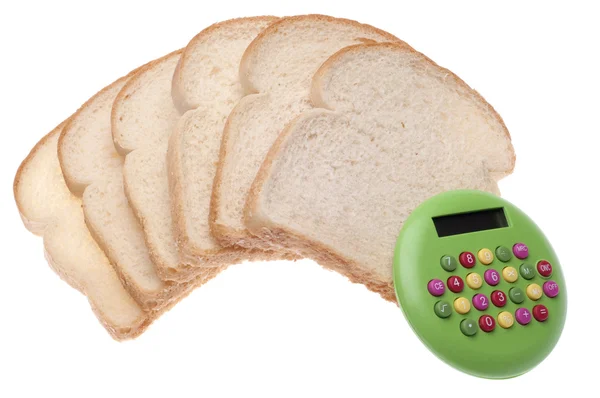 Voedsel Begroting Concept Met Wit Brood Rekenmachine Geïsoleerd Wit Met — Stockfoto