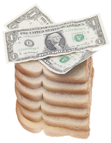 Conceito Orçamento Alimentar Com Pilha Pão Moeda Americana Isolada Branco — Fotografia de Stock