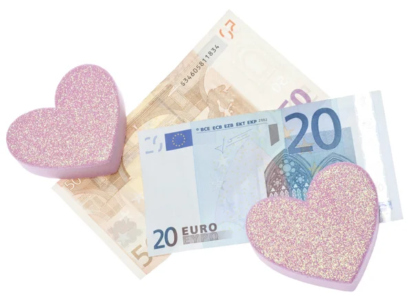 ユーロ通貨と白で隔離される心と愛の概念の愛かお金のコスト — ストック写真