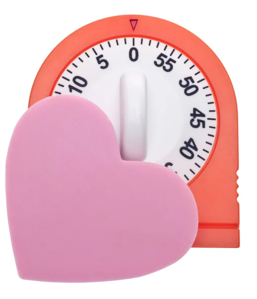 Time Love Concept Orange Timer Bright Pink Heart Isolated White — Stock Photo, Image