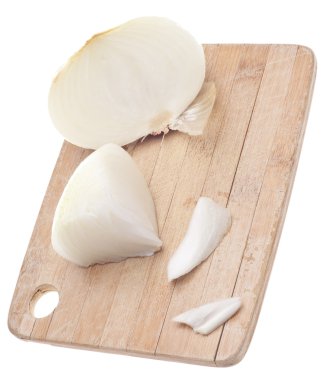 Sliced White Onions on a Wooden Chopping Block Isolated on White with a Clipping Path. clipart