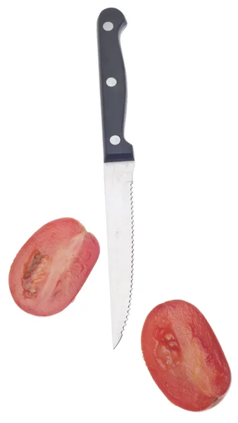 Sliced Roma Tomato Knife Isolated White Clipping Path — Stock Photo, Image