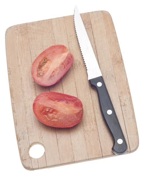 Sliced Roma Tomato Wooden Chopping Block Isolated White Clipping Path — Stock Photo, Image