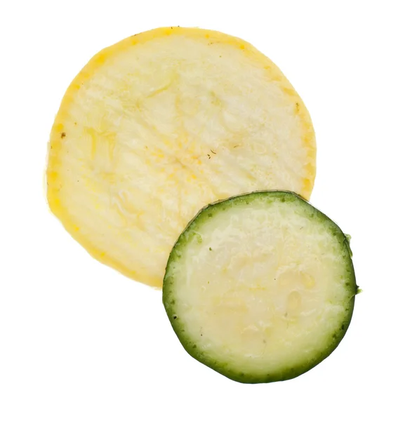 Scheibe Frischer Gelber Kürbis Und Zucchini Isoliert Auf Weiß Mit — Stockfoto