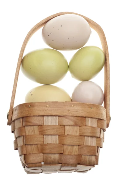 Speckled Easter Eggs Basket Isolated White Clipping Path — Stock Photo, Image