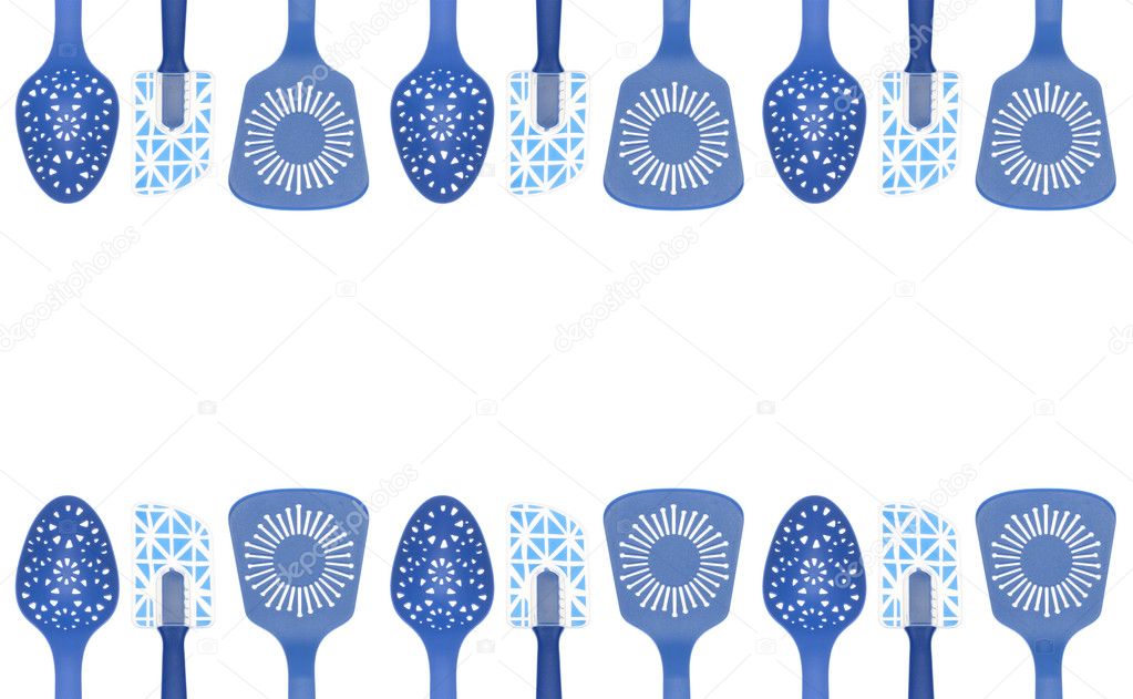 Modern Kitchen Utensil Collection Border or Background Spoons and Spatulas Isolated on White