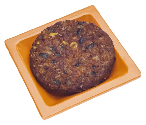 Pikantnym Wegetariańskie Czarny Bean Burger Płycie Pomarańczowy — Zdjęcie stockowe