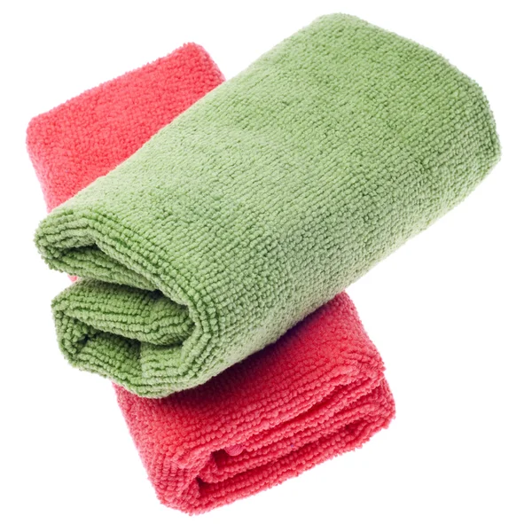 Розовые и зеленые полотенца для очистки микроволокон — стоковое фото