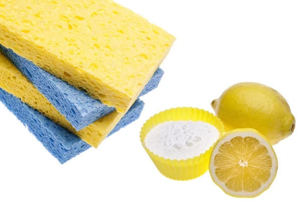 Limpeza Natural Com Limões Esponjas Bicarbonato Sódio Conceito Ambientalmente Amigável — Fotografia de Stock