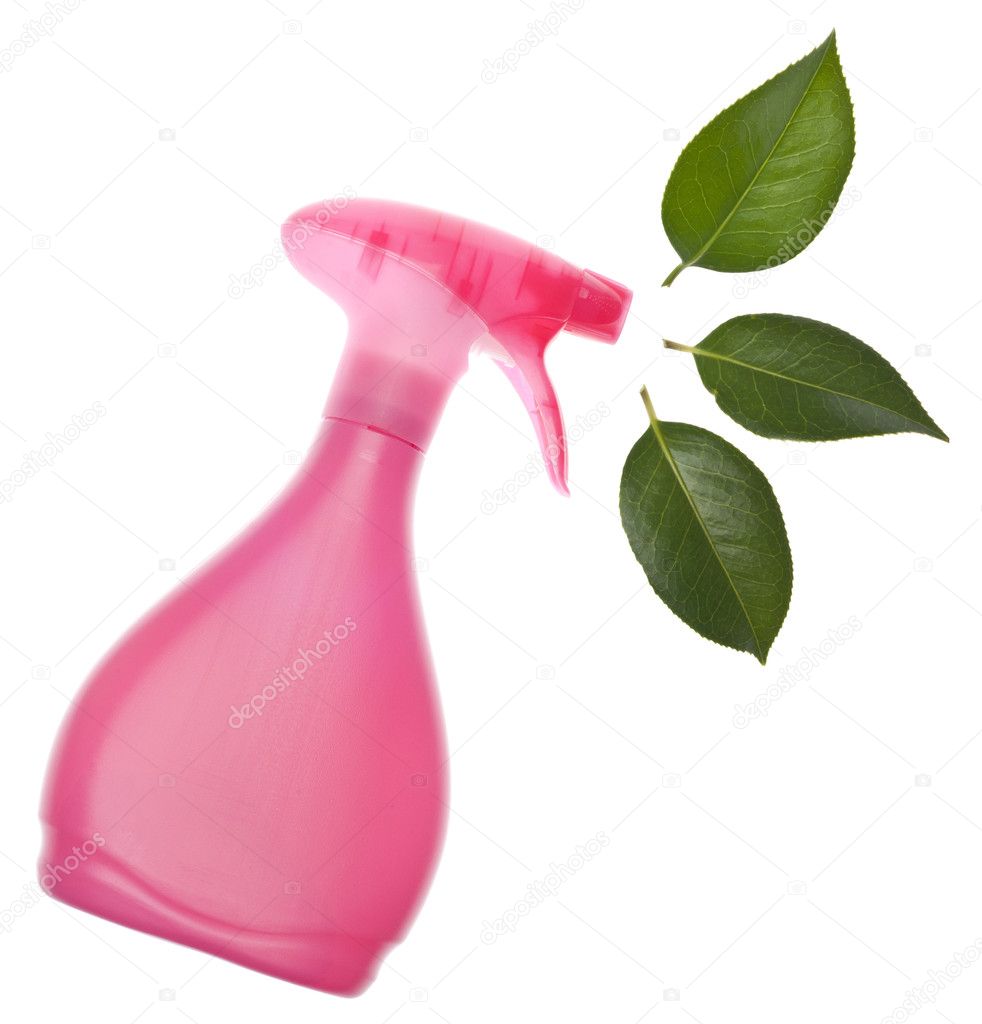 Environmentally Friendly Cleaning Bottle Spraying Leaves Cleaning Concept Isolated on White with a Clipping Path.