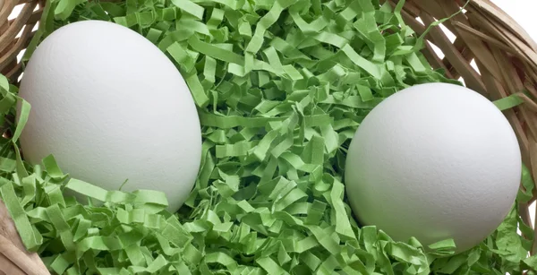 Pasen Mand Met Gras Twee Witte Eieren Close — Stockfoto