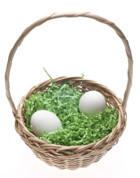 Easter Basket Grass Two White Eggs Isolated White Clipping Path — Stock Photo, Image