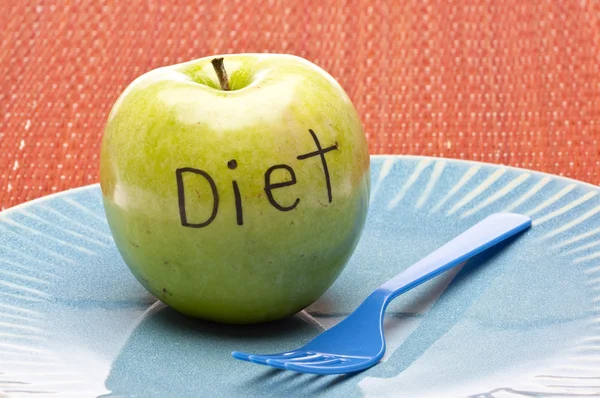 Dieet Concept Apple Plaat Met Blauwe Vork — Stockfoto