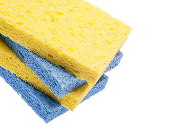 Stapel Van Blauwe Gele Sponzen Grens Wit — Stockfoto