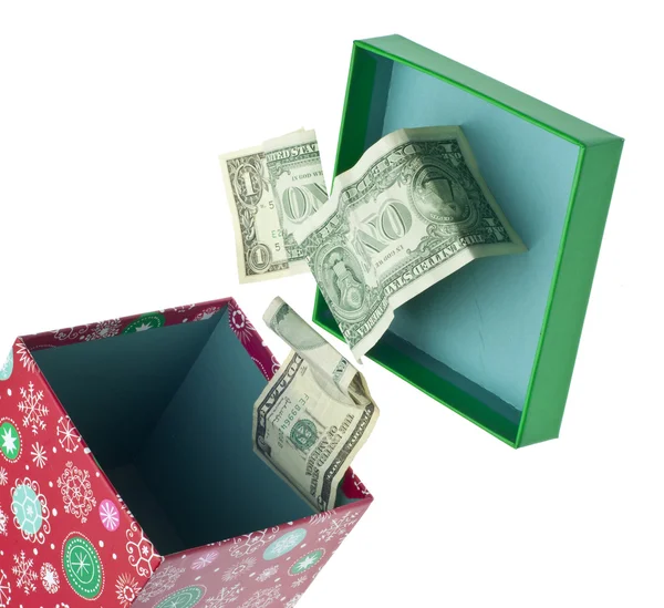 Open Holiday Box Dollar Bills Spilling Out Isolated White Clipping — Stock Photo, Image
