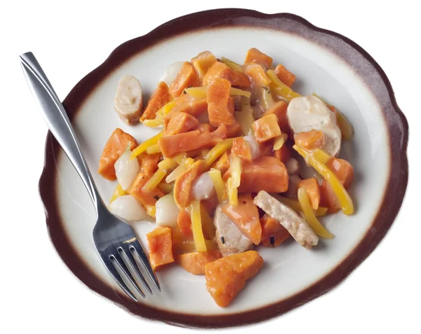 Kurczaka słodkie ziemniaki i cebula perłowa obiad — Zdjęcie stockowe