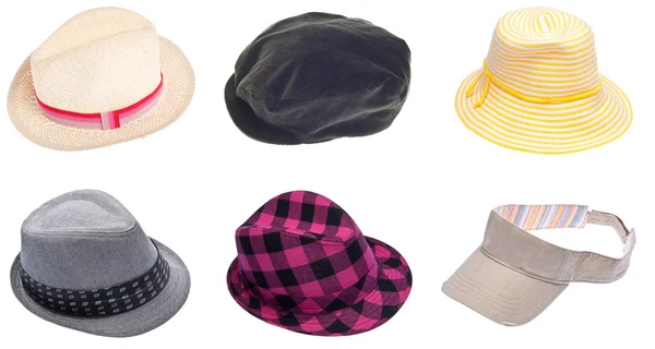 Seis Chapéus Para Homens Mulheres Isolados Branco Com Caminho Recorte — Fotografia de Stock