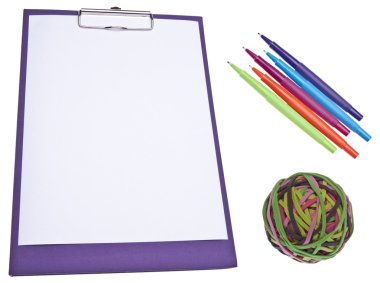 Modern Clip Board with Pens and Rubber Bands on White. clipart