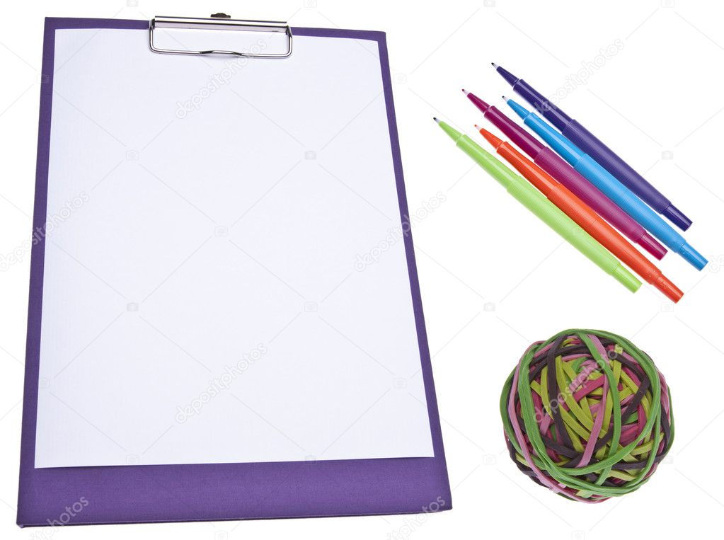 Modern Clip Board with Pens and Rubber Bands on White.