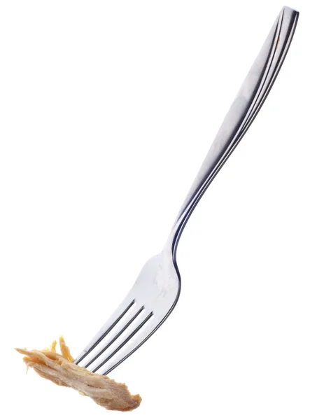 Tenedor con trozo de pollo cocido — Foto de Stock
