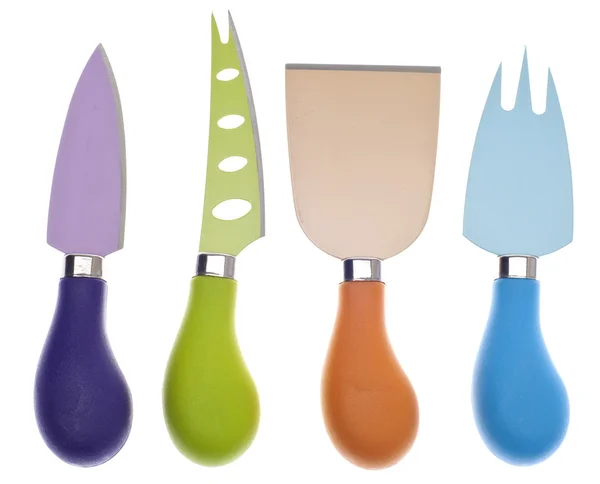 Zestaw czterech żywe kolorowe noże i widelec. — Zdjęcie stockowe