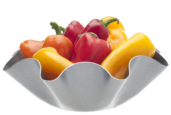 Fresh Sweet Peppers in a Modern Metal Bowl — Stock Photo, Image