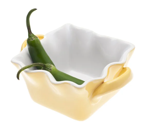 Spicy Green Peppers in a Yellow Cooking Dish — Stock Photo, Image