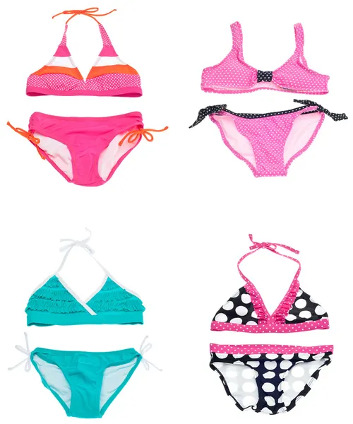 Sada čtyř zářivé barevné bikiny plavky — Stock fotografie