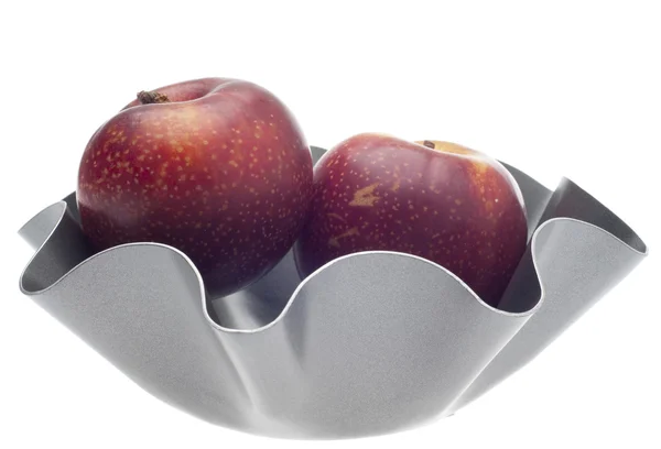 Pair of Nectarines in a Modern Metal Bowl — Stock Photo, Image