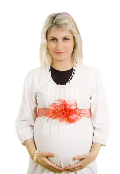 Portrait of pregnant woman with red bow — Stock Photo, Image