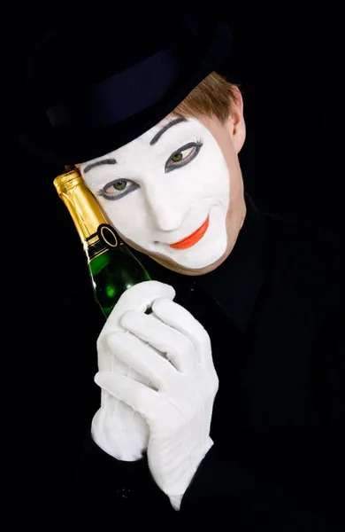Portrét Snové Mime Lahví Šampaňského Stock Fotografie