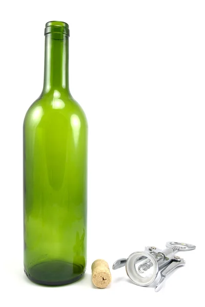 Empty bottle of wine with corkscrew — Stock Photo, Image
