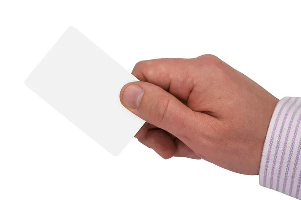 El ile beyaz boş kartı — Stok fotoğraf