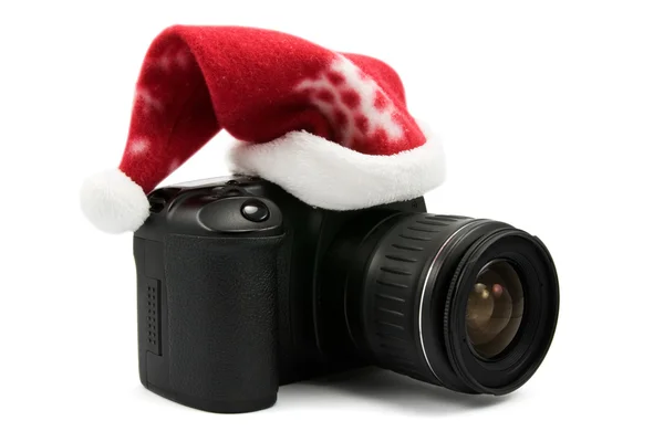 Φωτογραφική μηχανή με το καπέλο του santa — Φωτογραφία Αρχείου
