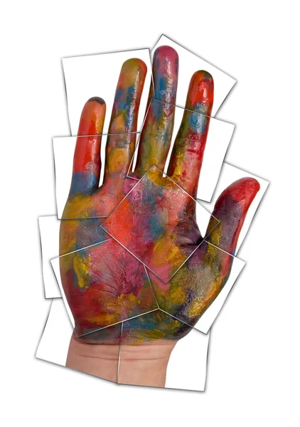 Красочные Окрашенные Человеческой Руки Фото Коллаж Над Белой — стоковое фото