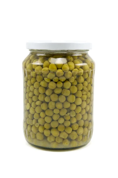 Glass Jar Preserved Peas White Background — Stock Photo, Image