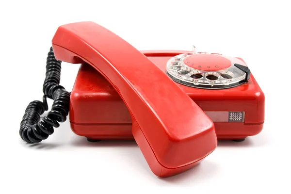 Telefone Arranhado Velho Vermelho Sobre Fundo Branco — Fotografia de Stock