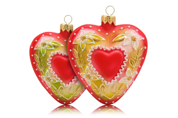 Two hearts shaped baubles — Stock Photo, Image