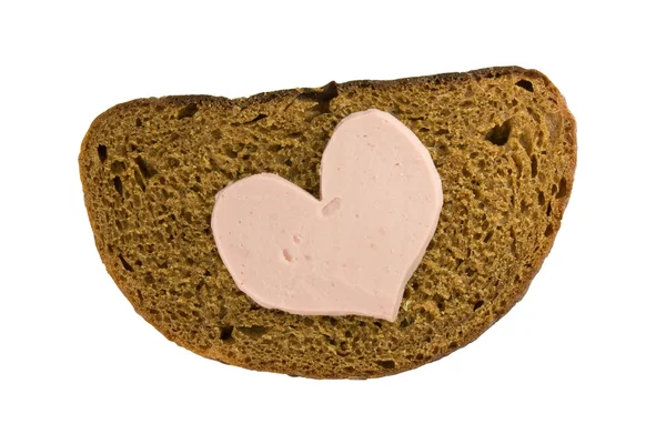 面包和心脏形香肠 在白色隔离 — 图库照片