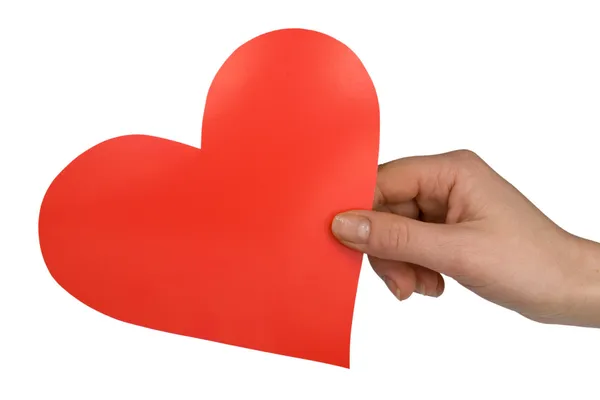 Mão Com Coração Papel Vermelho Sobre Fundo Branco — Fotografia de Stock