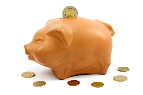 Brown Piggy Bank Coins White Background — Stock Photo, Image