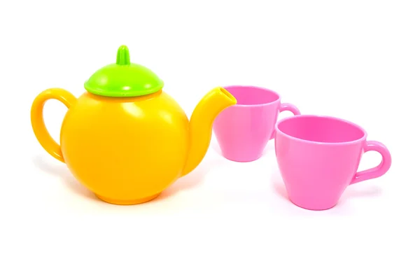 Bunte Teekanne Und Tassen Auf Einem Weißen Hintergrund — Stockfoto