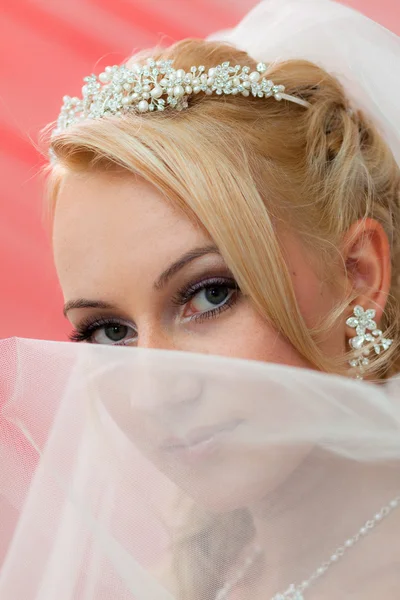 Schöne junge Braut behält den Schleier. — Stockfoto